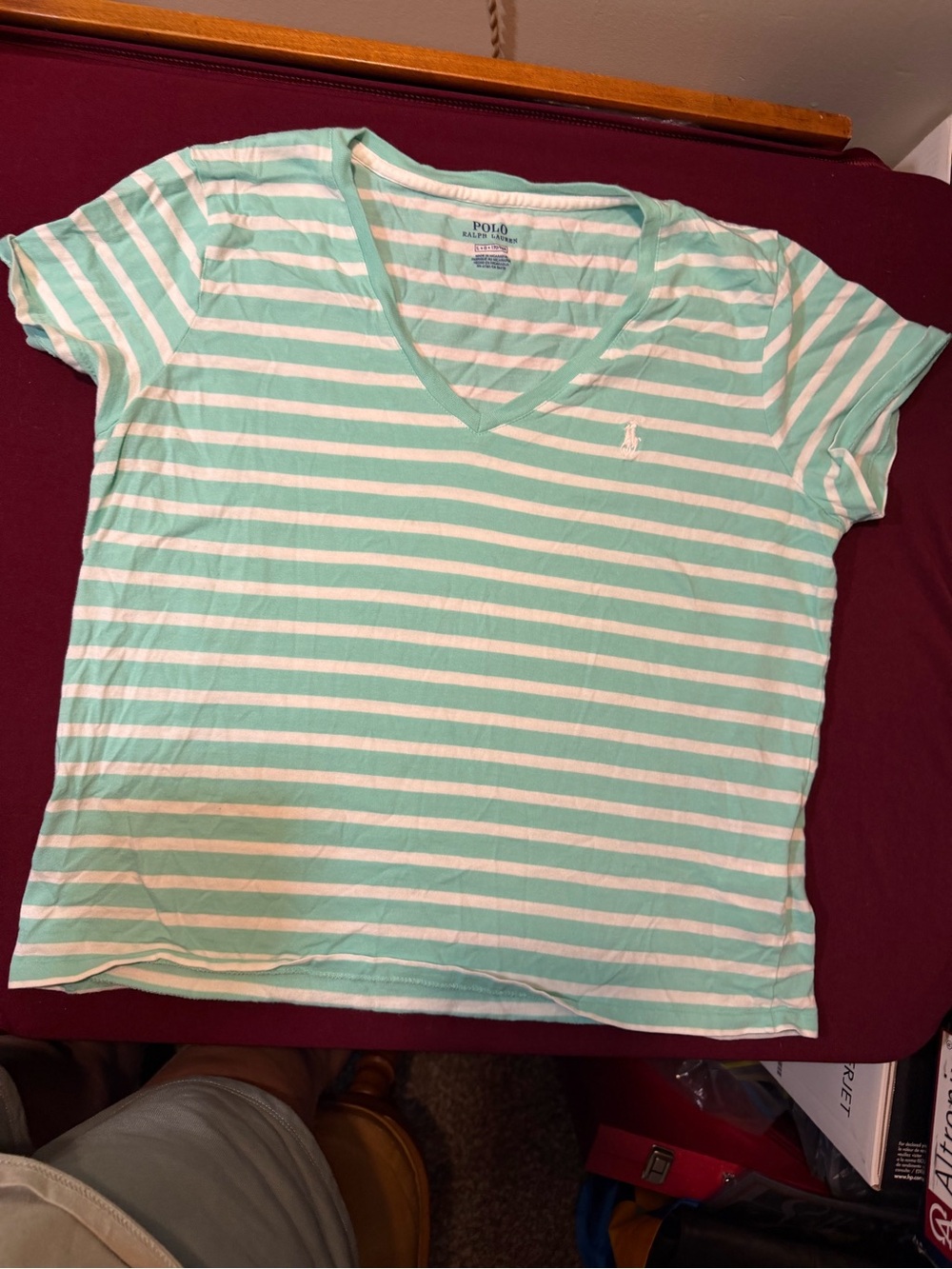 Polo by Ralph Lauren Mint Green & White Striped V-Neck Tee